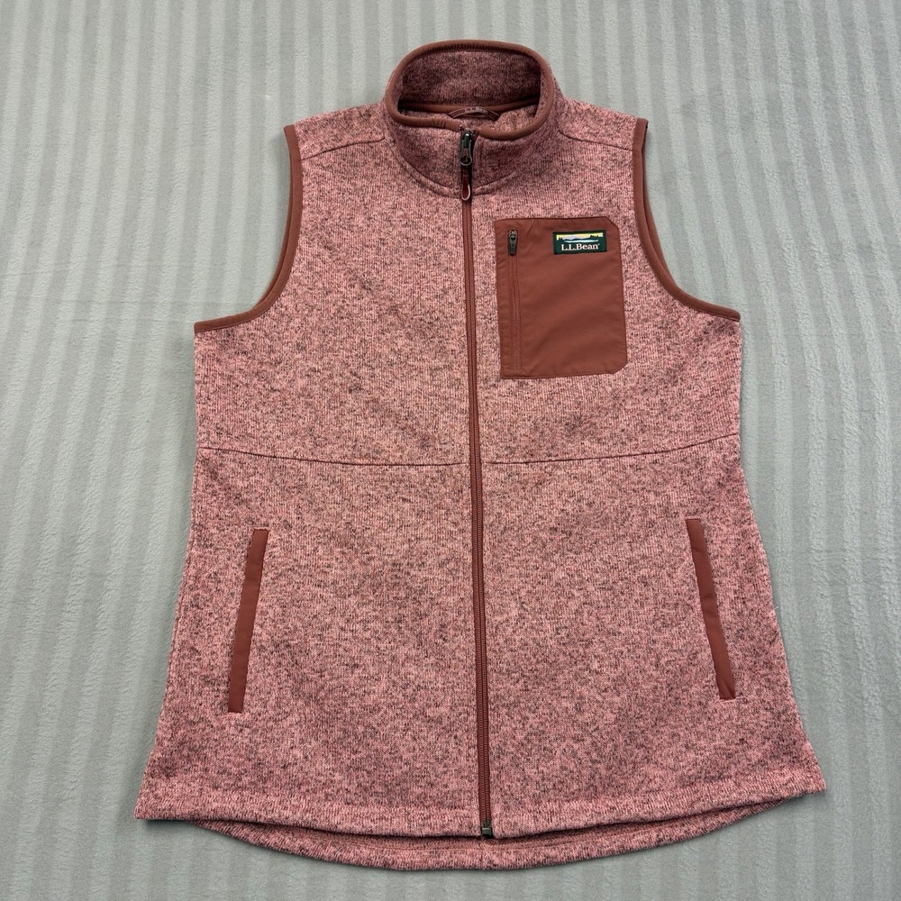 LL Bean Sweater Fleece Vest Women's Size M Pet Pink Red Heather Full Zip Pocket